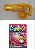 Realistic pink bubble machine gun toy for kids on a green lawn.
