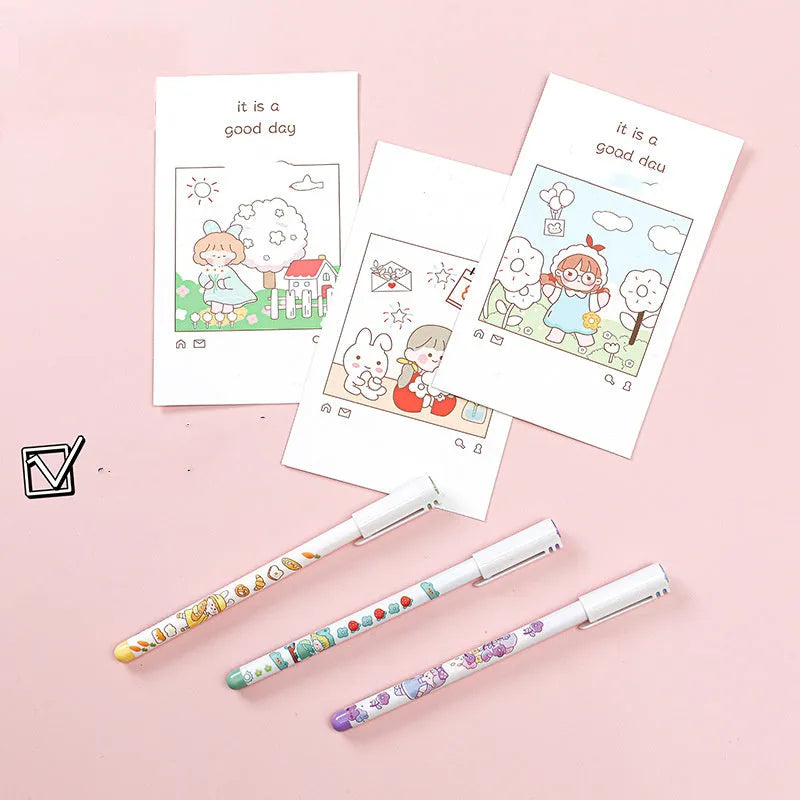 Twelve-color cartoon gel pen set with 0.5mm fine plastic tip in assorted colours.