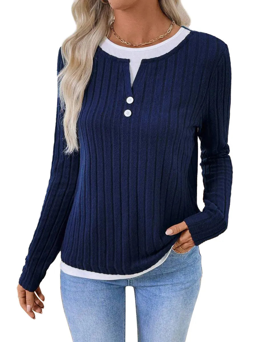 Women's fake two-piece pullover sweater with round neck and button detail in concave stripe polyester
