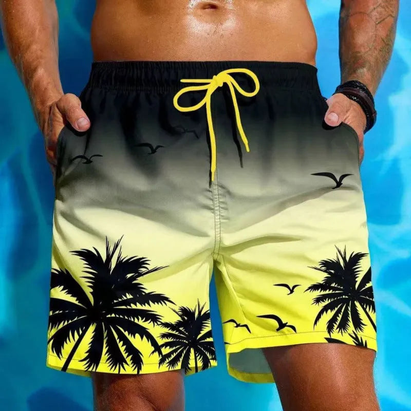 Man's ethnic style loose fit swimming trunks in a solid colour on a neutral background.