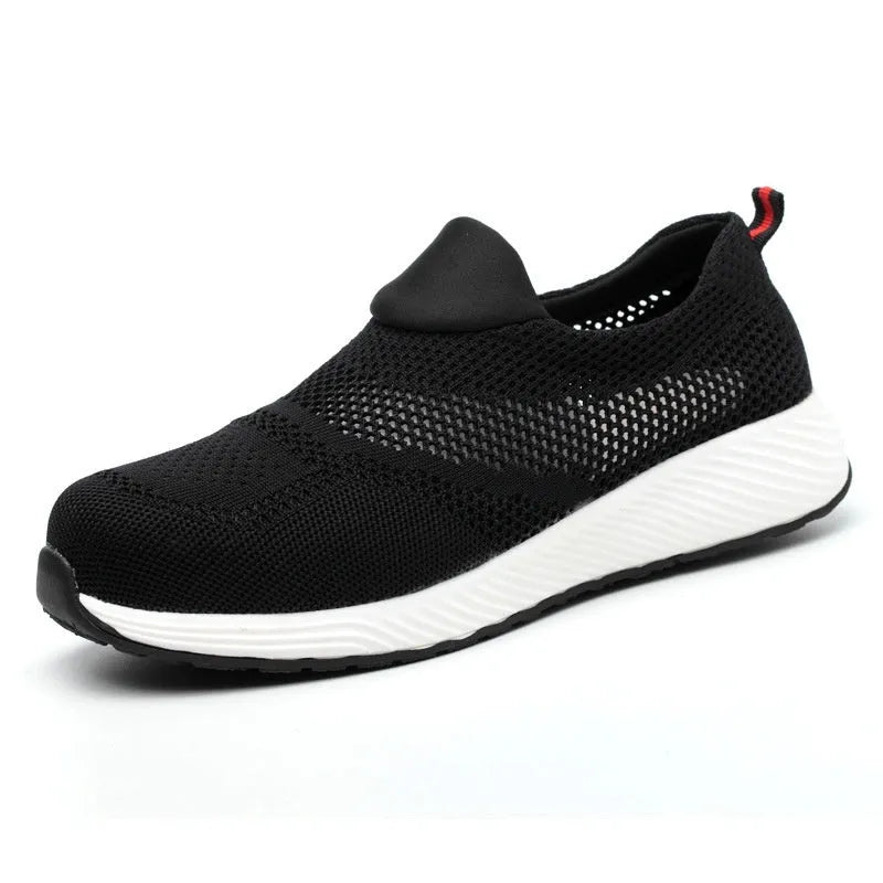 Men's lightweight steel toe work safety shoes with mesh upper in black colour