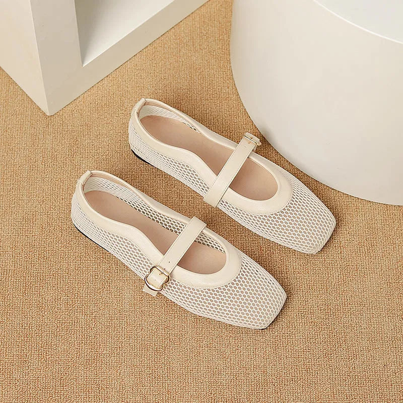 Women's mesh breathable summer shoes with buckle fastening and flat low heel