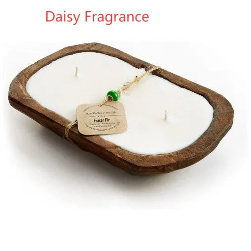 Lavender-coloured wooden basin containing a soy wax aromatherapy candle with three wicks.