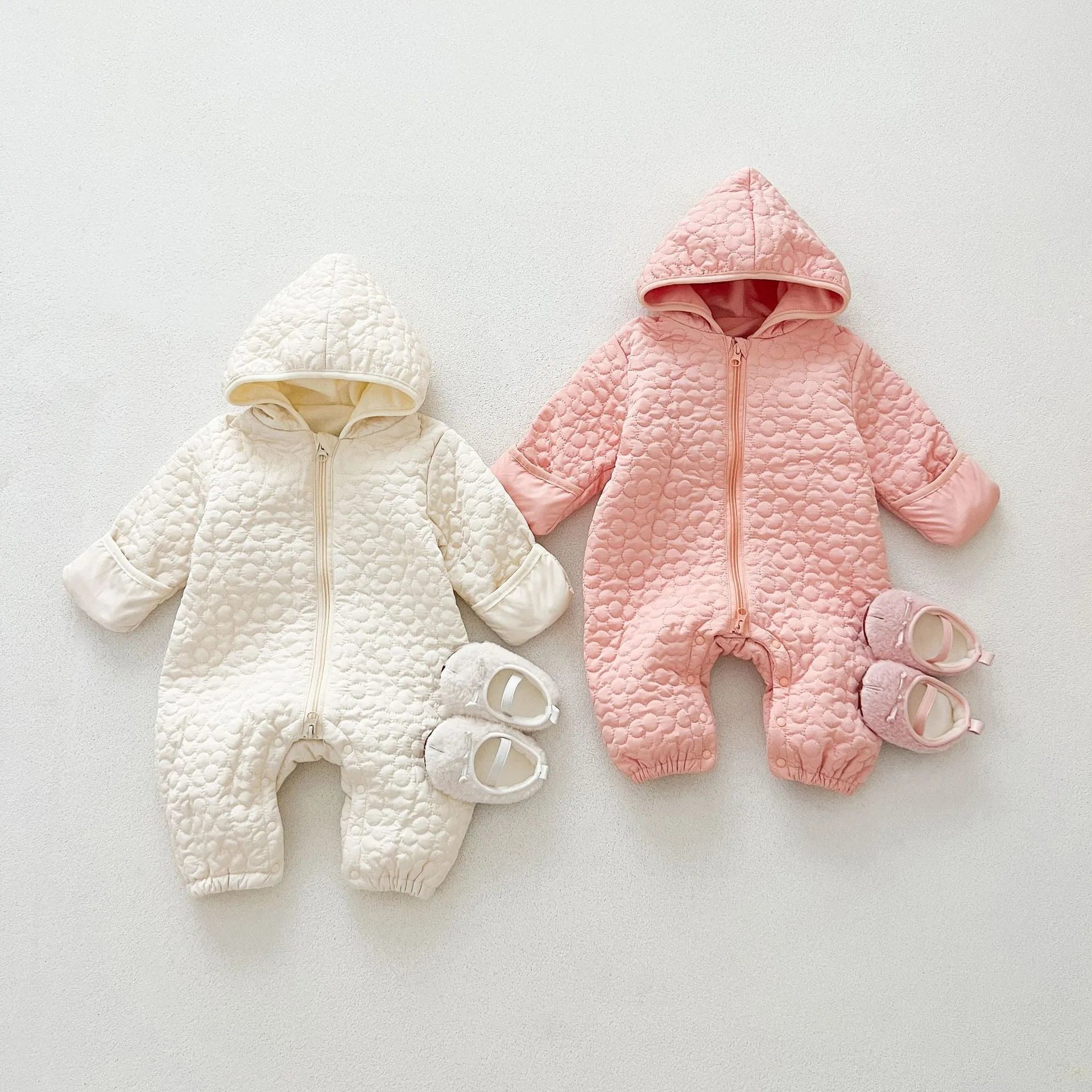 Baby cotton quilted romper with hood in beige, long sleeves, zip-up front