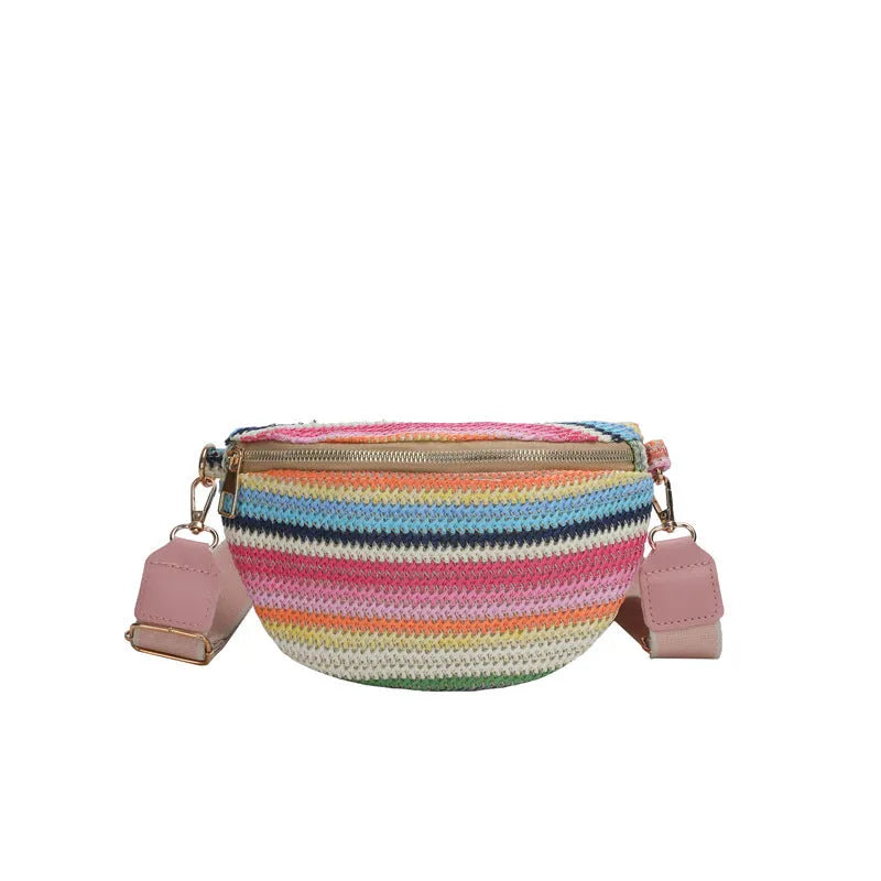 Blue woven straw women's shoulder bag with single strap and shell shape
