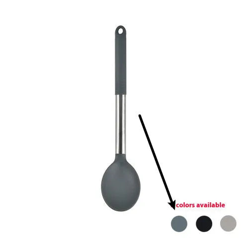 12-piece silicone kitchenware set with rotating storage bucket showing utensils in black, dark grey or khaki colours
