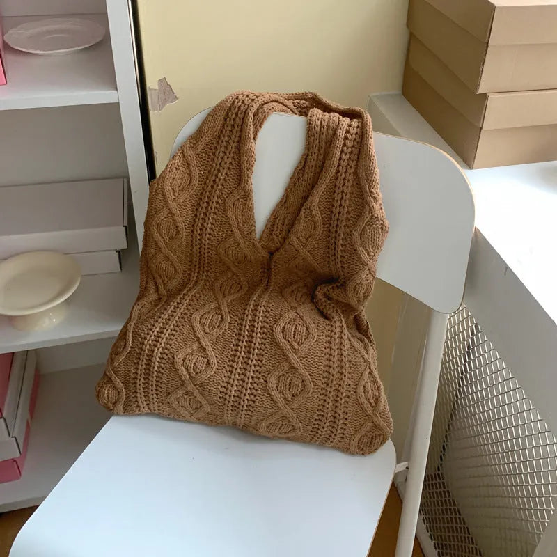 Retro style crochet wool yarn shoulder tote bag with double straps in various solid colours