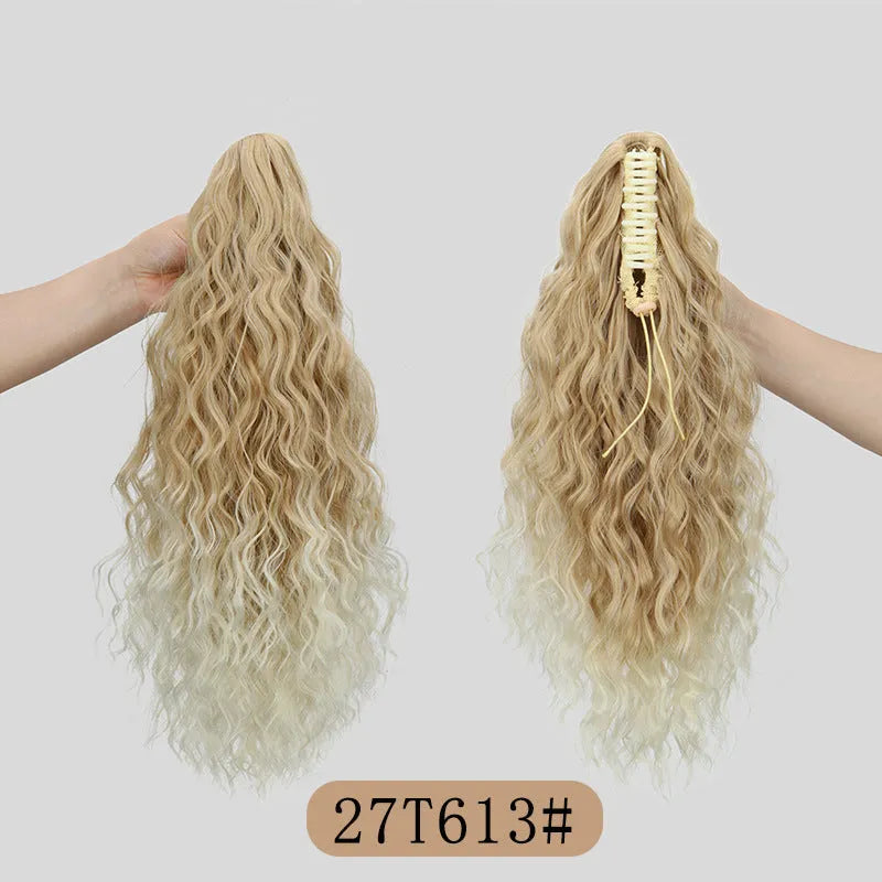 A corn curl ponytail wig with a water ripple grip texture, shown in a dark brown 1B colour, featuring a hair clip attachment.