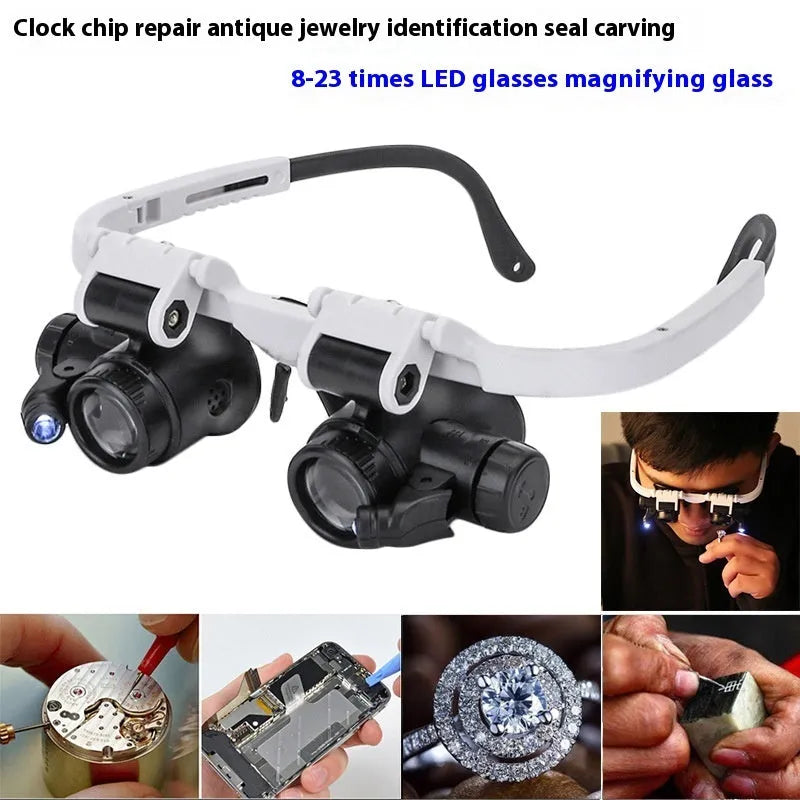 White head-mounted magnifying glass with 30x lens and built-in light, shown folded and unfolded.