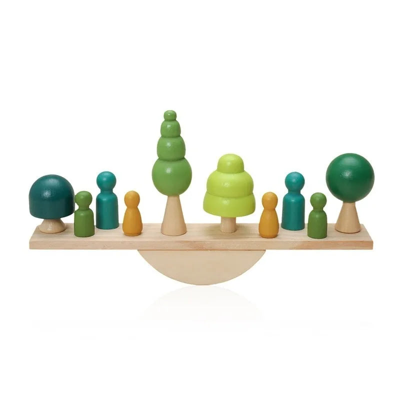 Children's solid wood forest balance seesaw toy set with coloured building blocks and threading animal figures