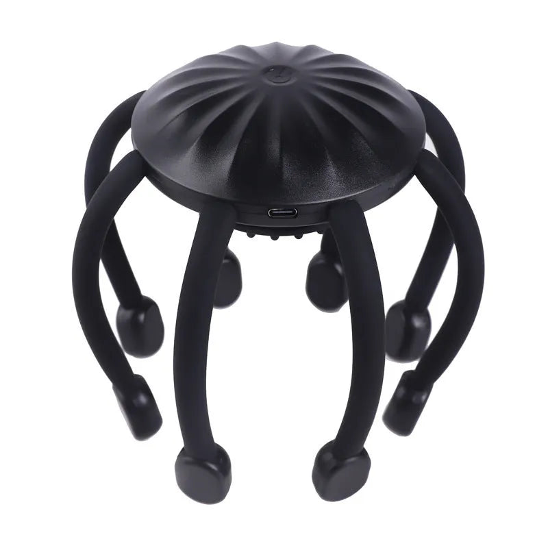 Black and white head massagers with multiple claws and USB cable for charging.
