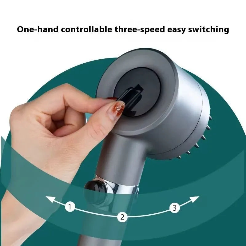 Portable ABS plastic shower head with three-setting dial for spray, massage, and rainfall modes.