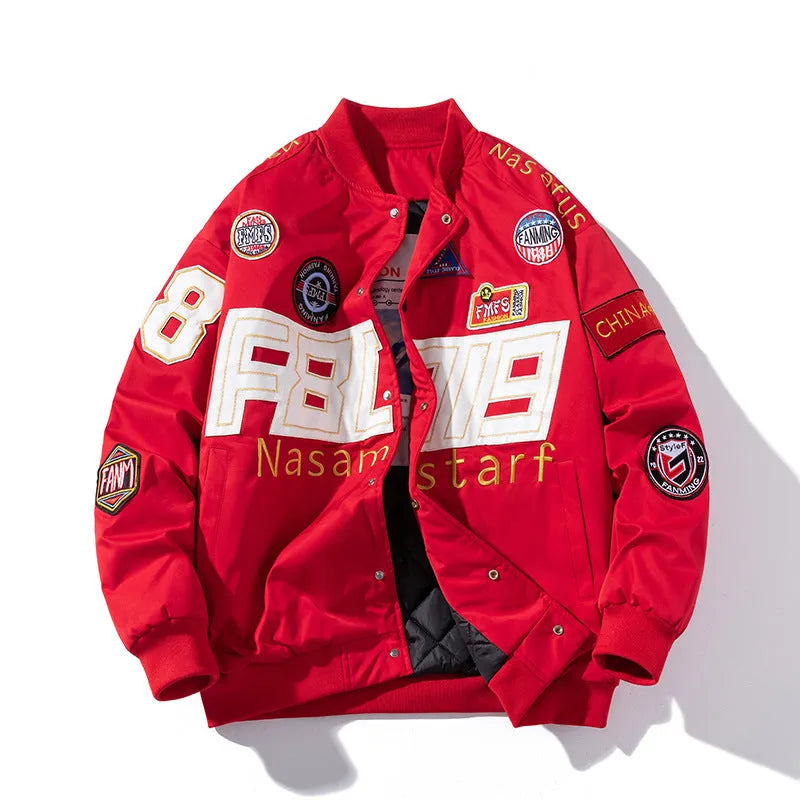 Black loose-fit motorcycle baseball jacket with a removable hood and side pocket.