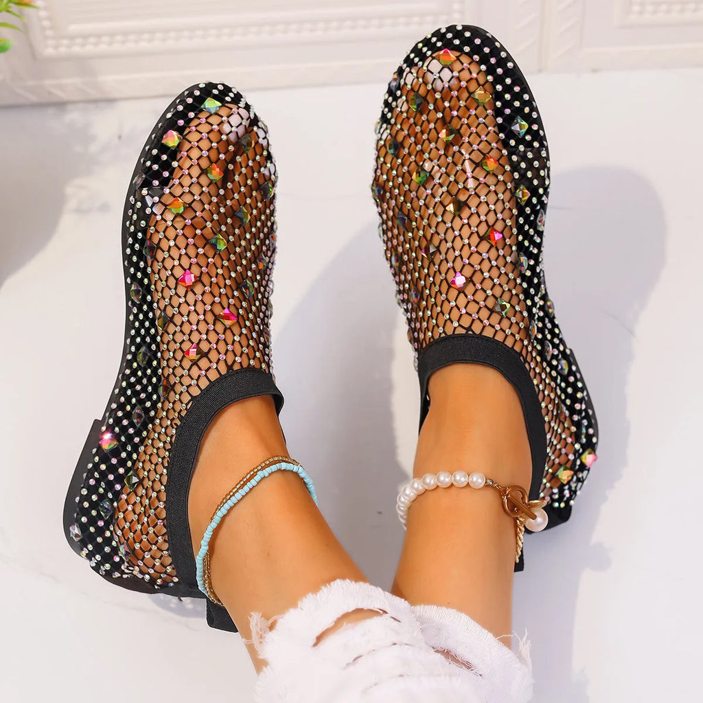 Women's colourful rhinestone mesh flat sandals with round toe design on rubber sole
