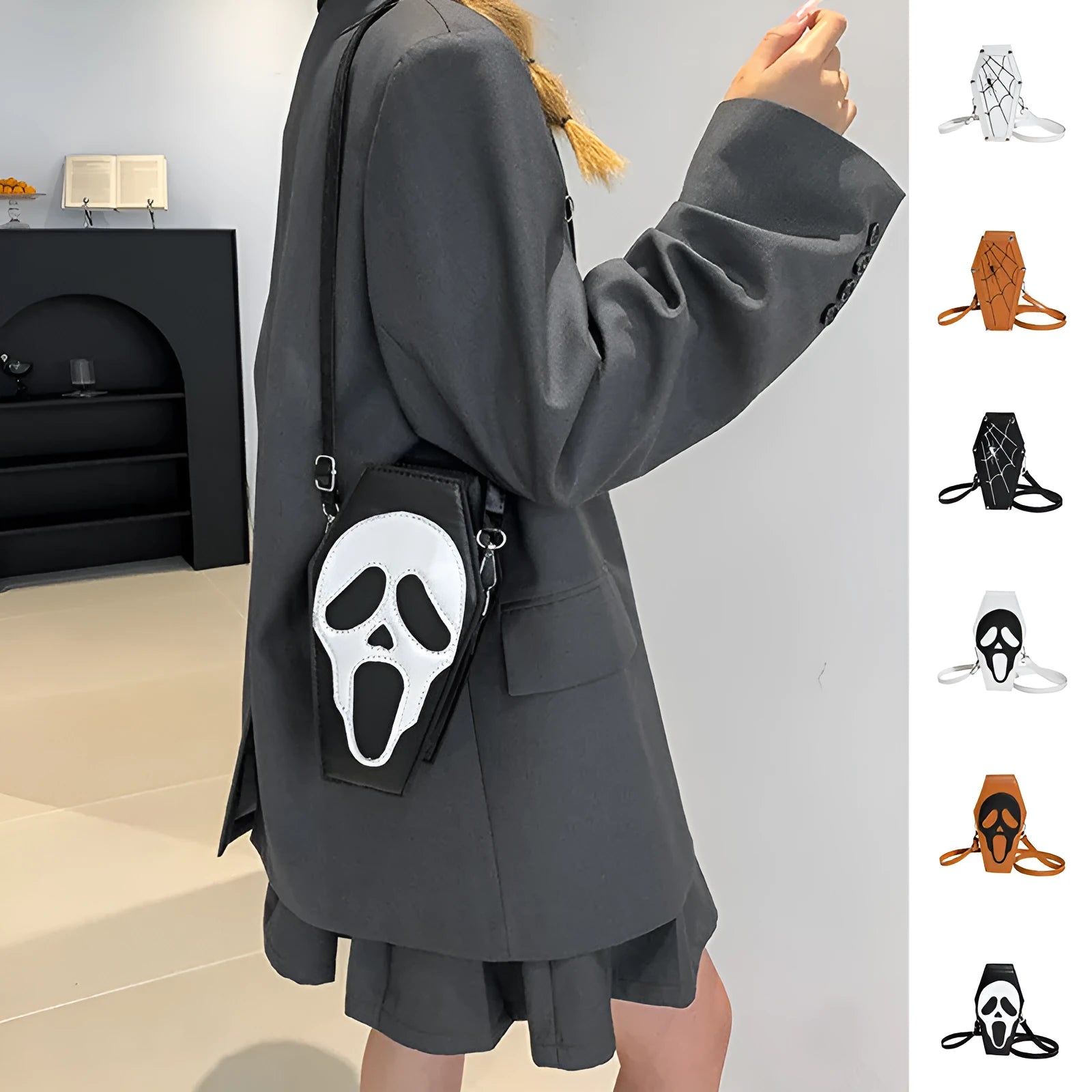 Halloween coffin-shaped shoulder bag in PU with spider web pattern, crossbody strap, compact size 12x22x9cm