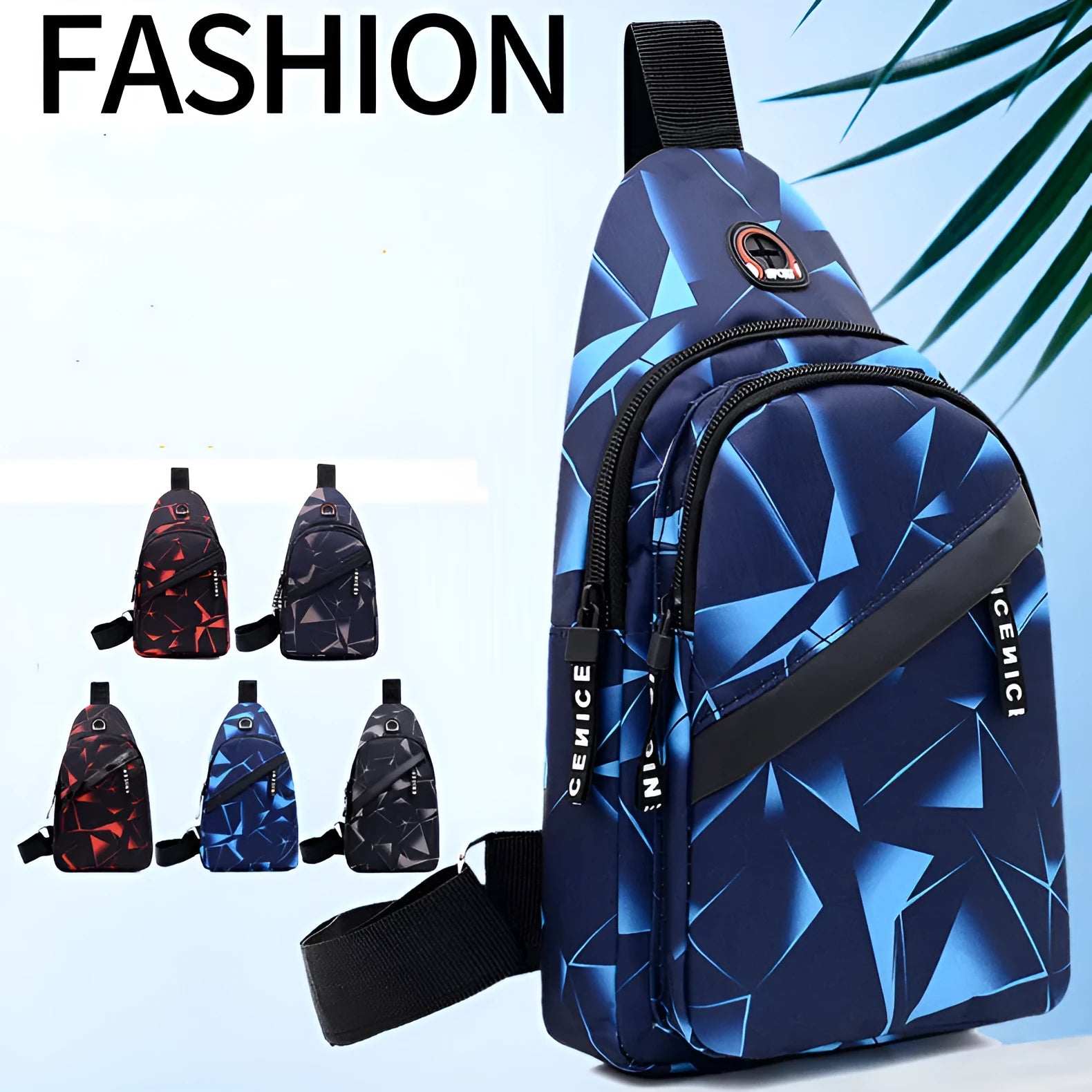 Blue Oxford cloth crossbody sling bag with earphone hole and zipper pocket.