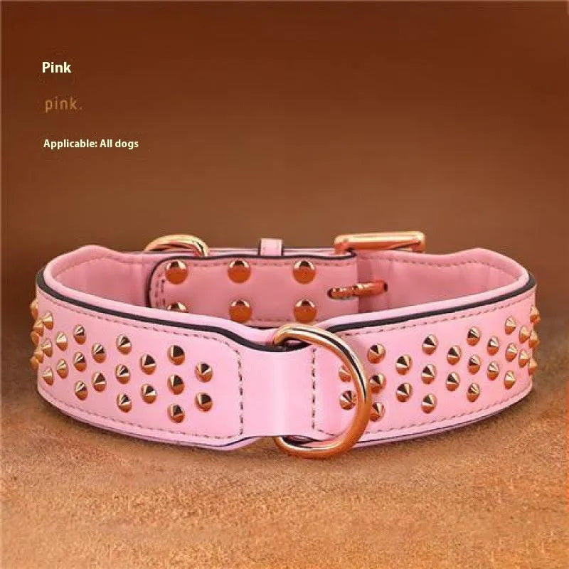 Black leather dog collar with metal anti-bite rivets, shown with chocolate and pink colour options.