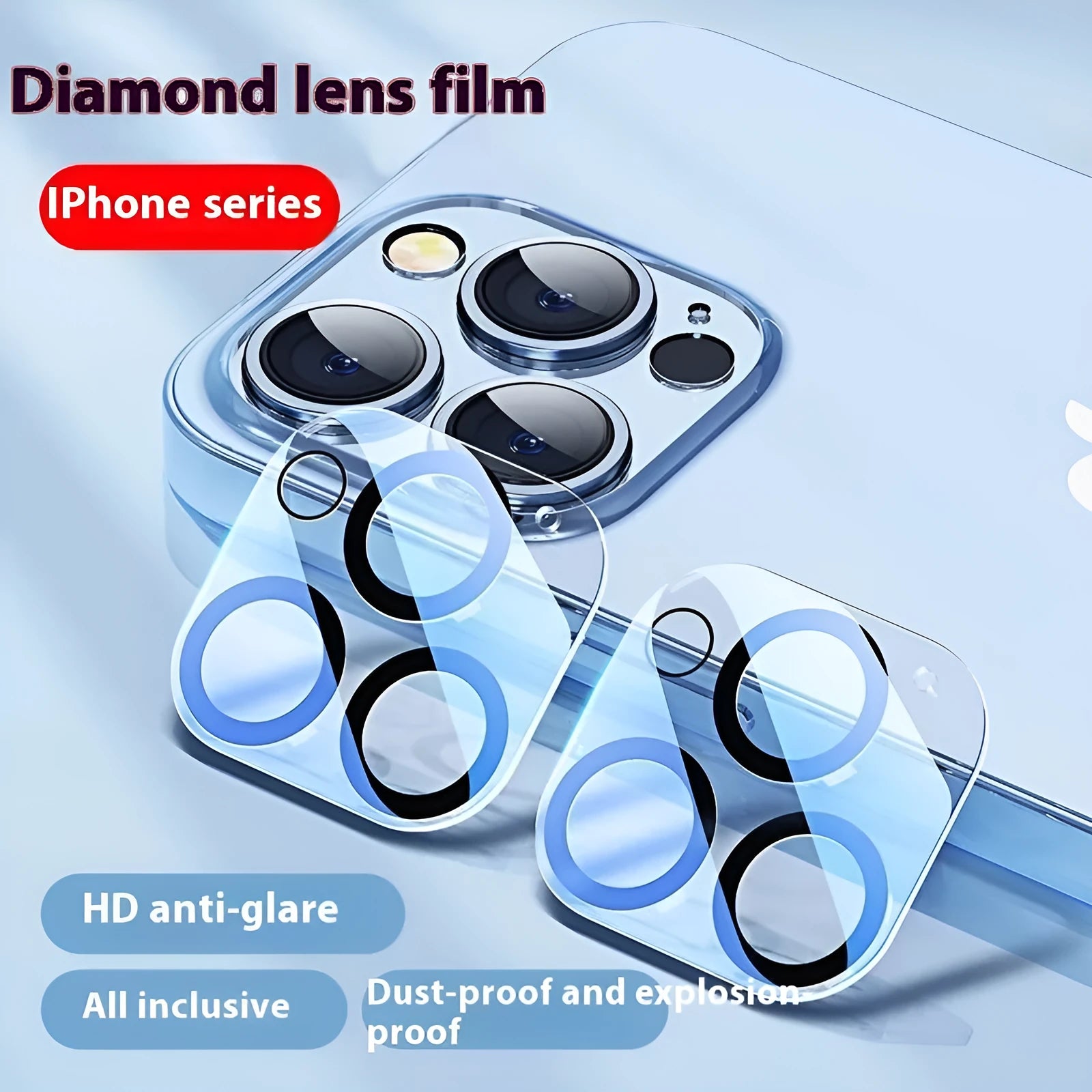 Tempered glass camera lens protector for iPhone showing integrated rear film covering camera module