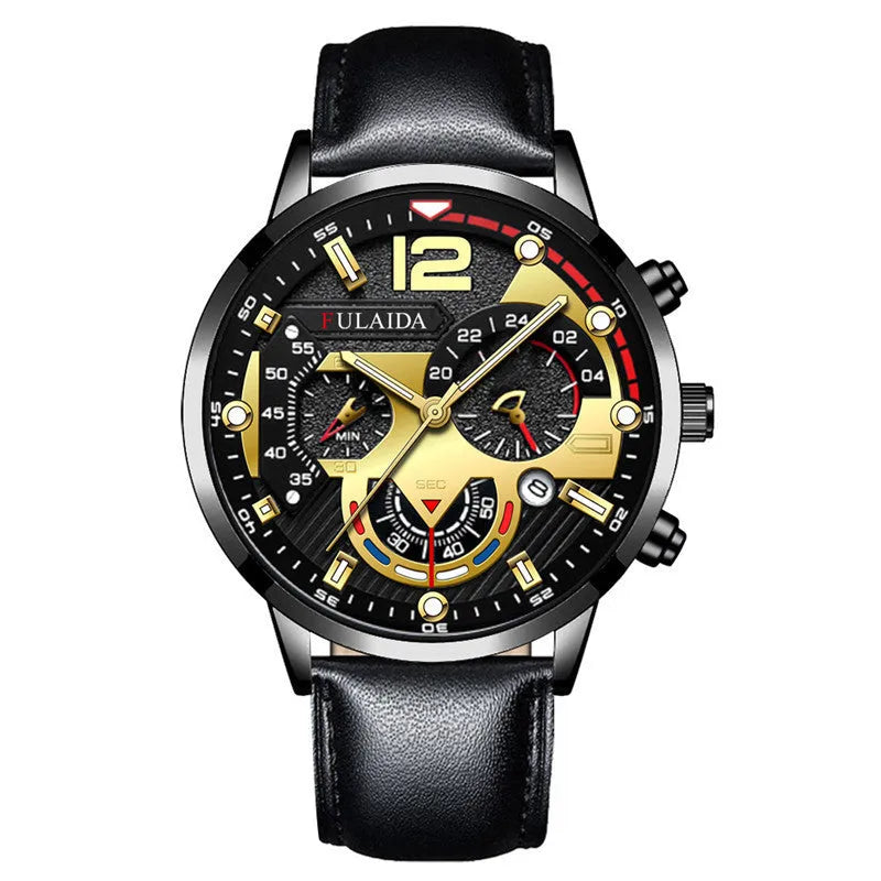 Men's casual quartz watch with genuine leather strap, rose gold buckle, 37mm dial and calendar display