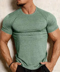 Men's black stretch quick-drying short sleeve polyester t-shirt for running.
