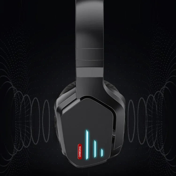 Luminous black wireless headphones with head-mounted design showing 3.5mm cable and dust bag