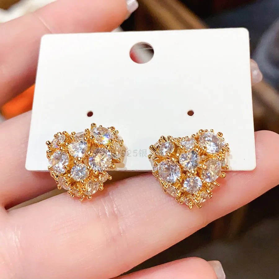Light luxury heart-shaped zircon inlaid copper ear studs for women, gold, silver, purple, blue colours, geometric design