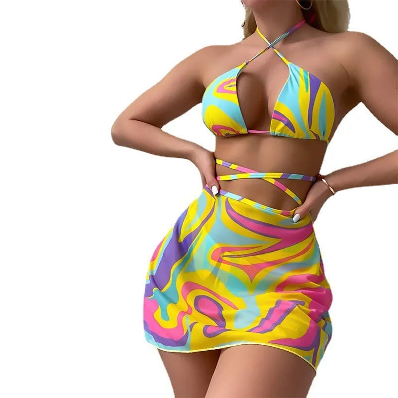 Yellow striped halter lace-up swimsuit for women with skirt and shorts