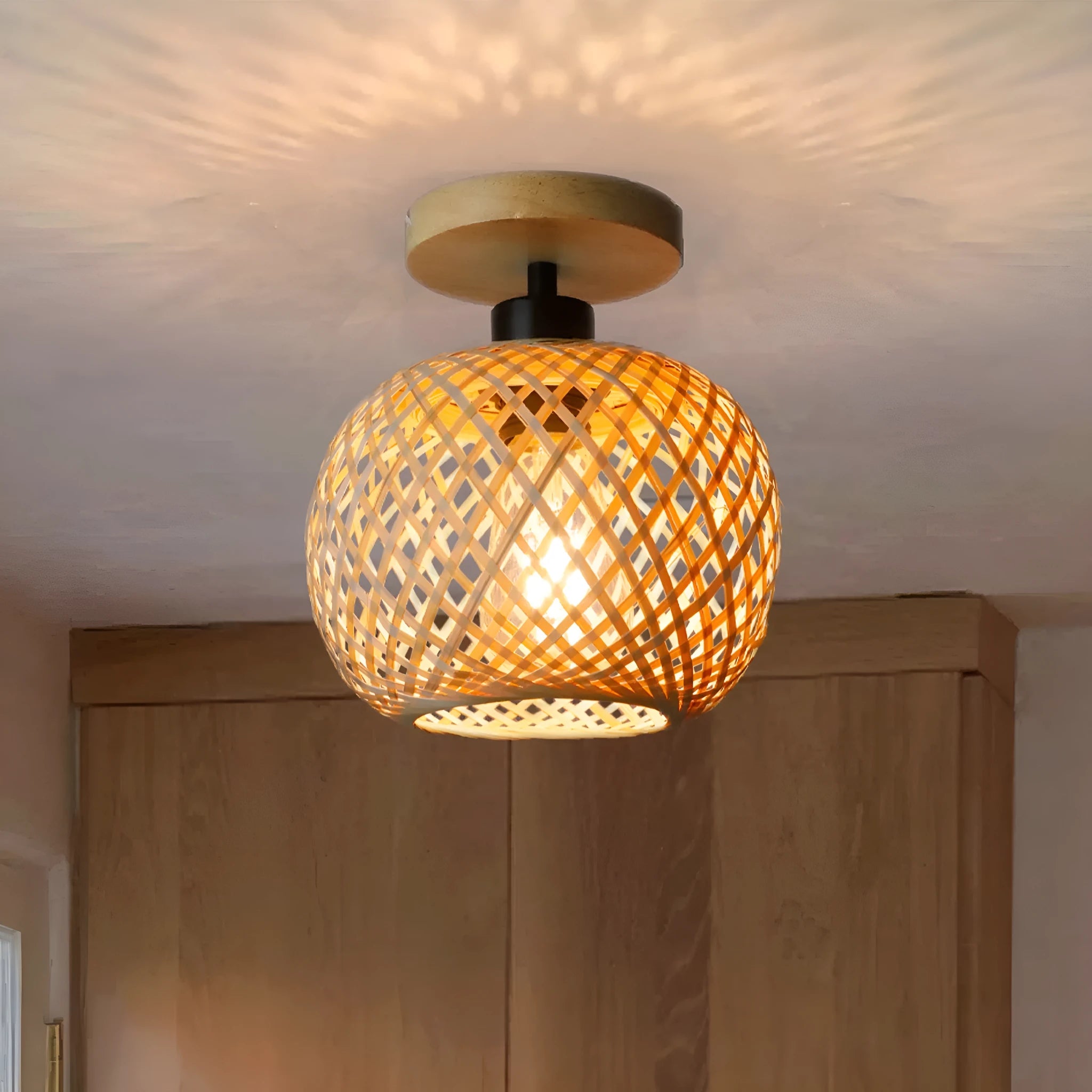 Japanese-style natural bamboo ceiling lamp in a wood colour finish for corridors and hallways.