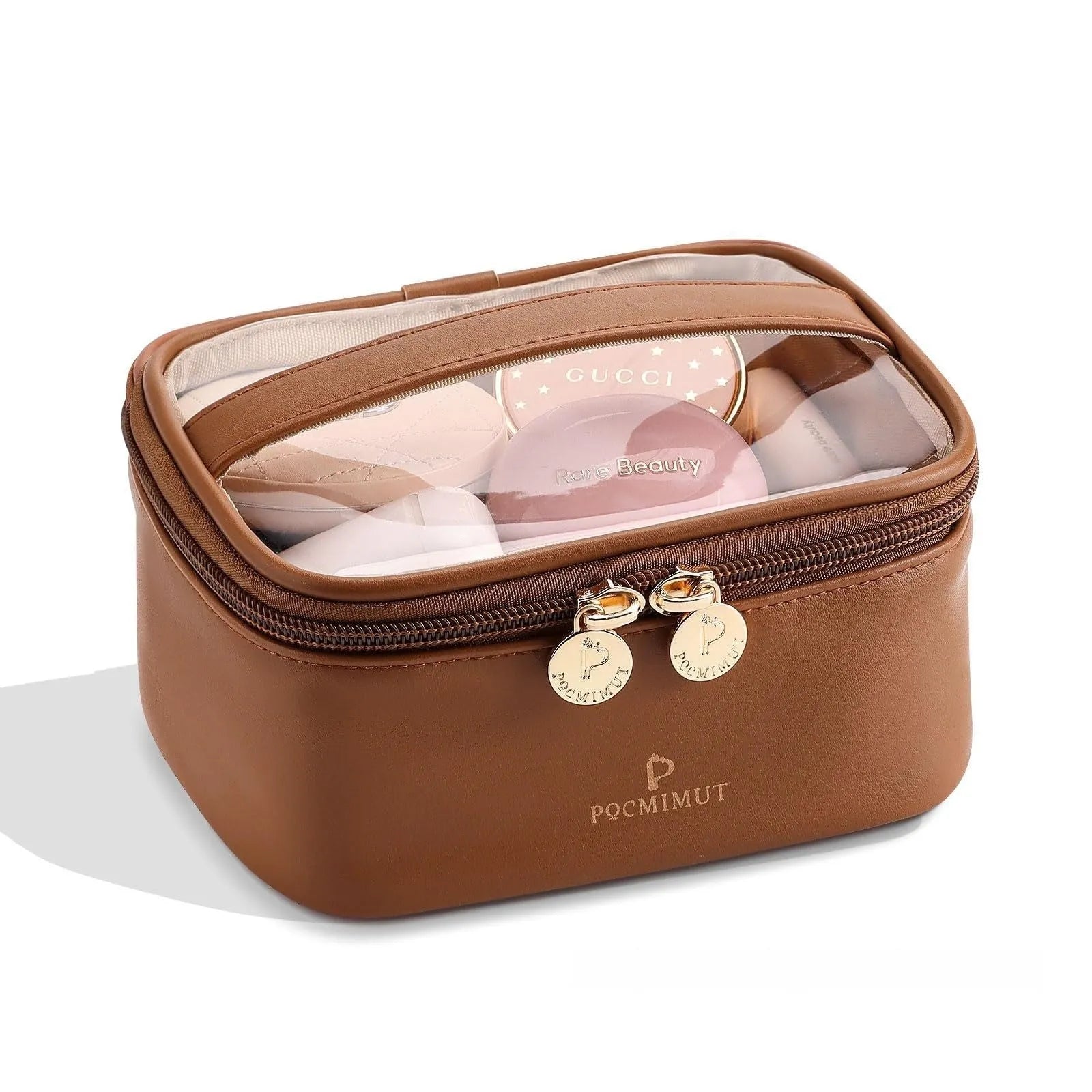 Clear PVC cosmetic bag with waterproof lining shown in a beige colour option.