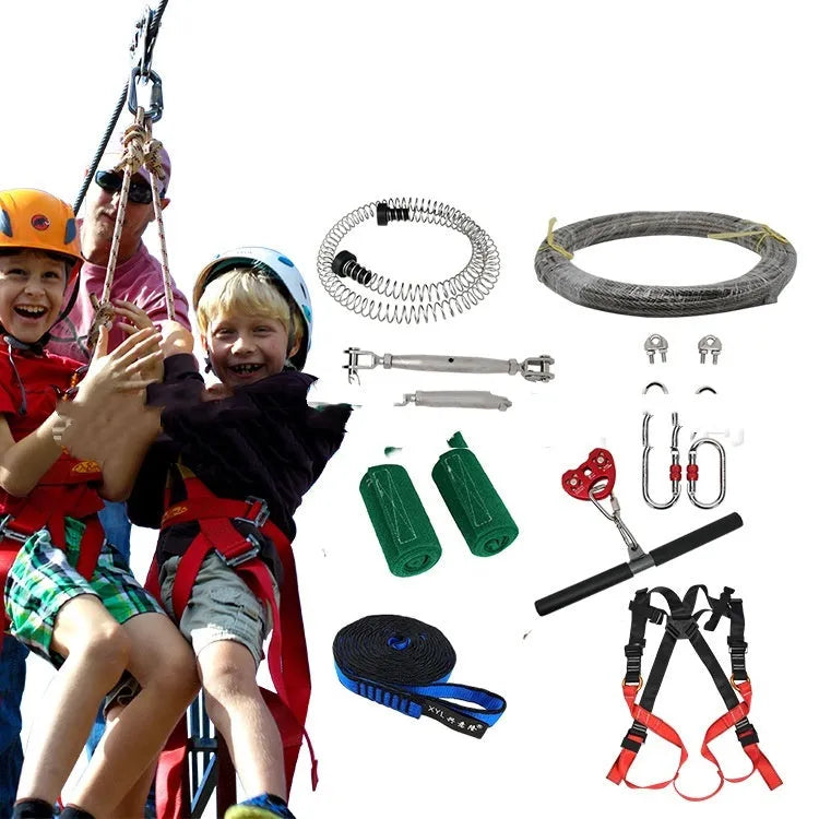 Child safety pulley slide rope set with 10m steel cable, harness, carabiners, and tree protectors