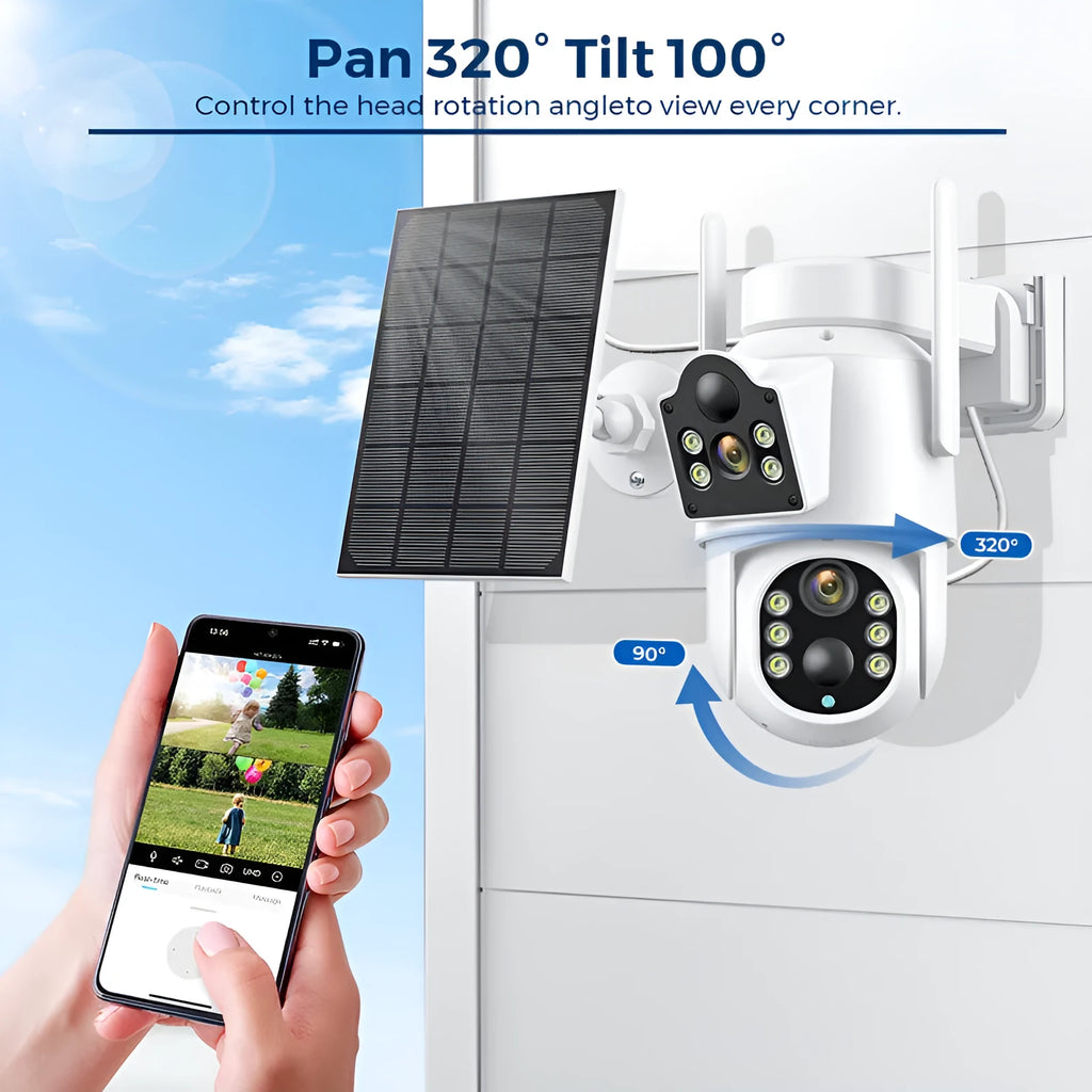 White outdoor solar security camera with attached solar panel for wireless home surveillance