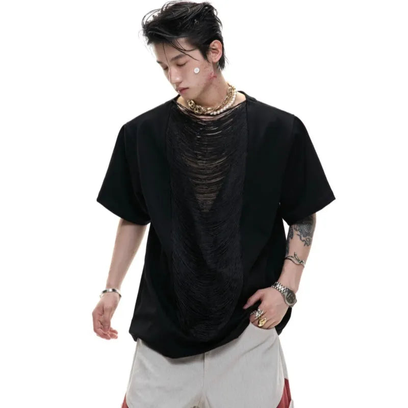Men's black loose-fit polyester t-shirt with hollow-out V-neck collar and short sleeves