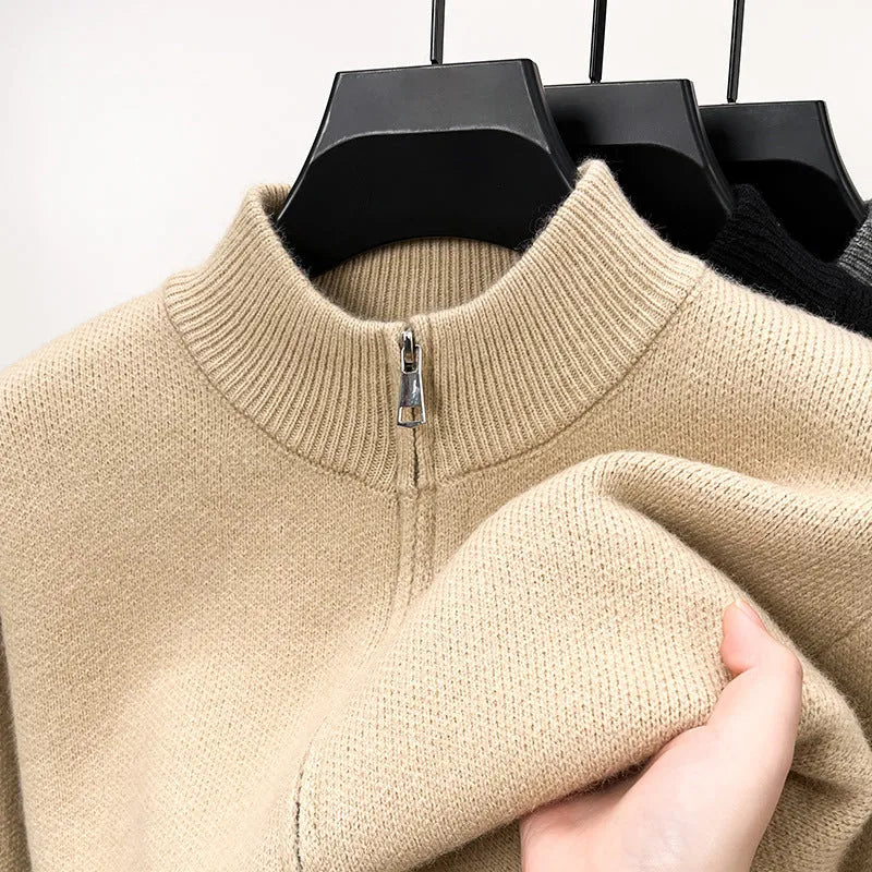 Men's black stand collar cardigan with front zipper showing loose fit and thickened knit construction