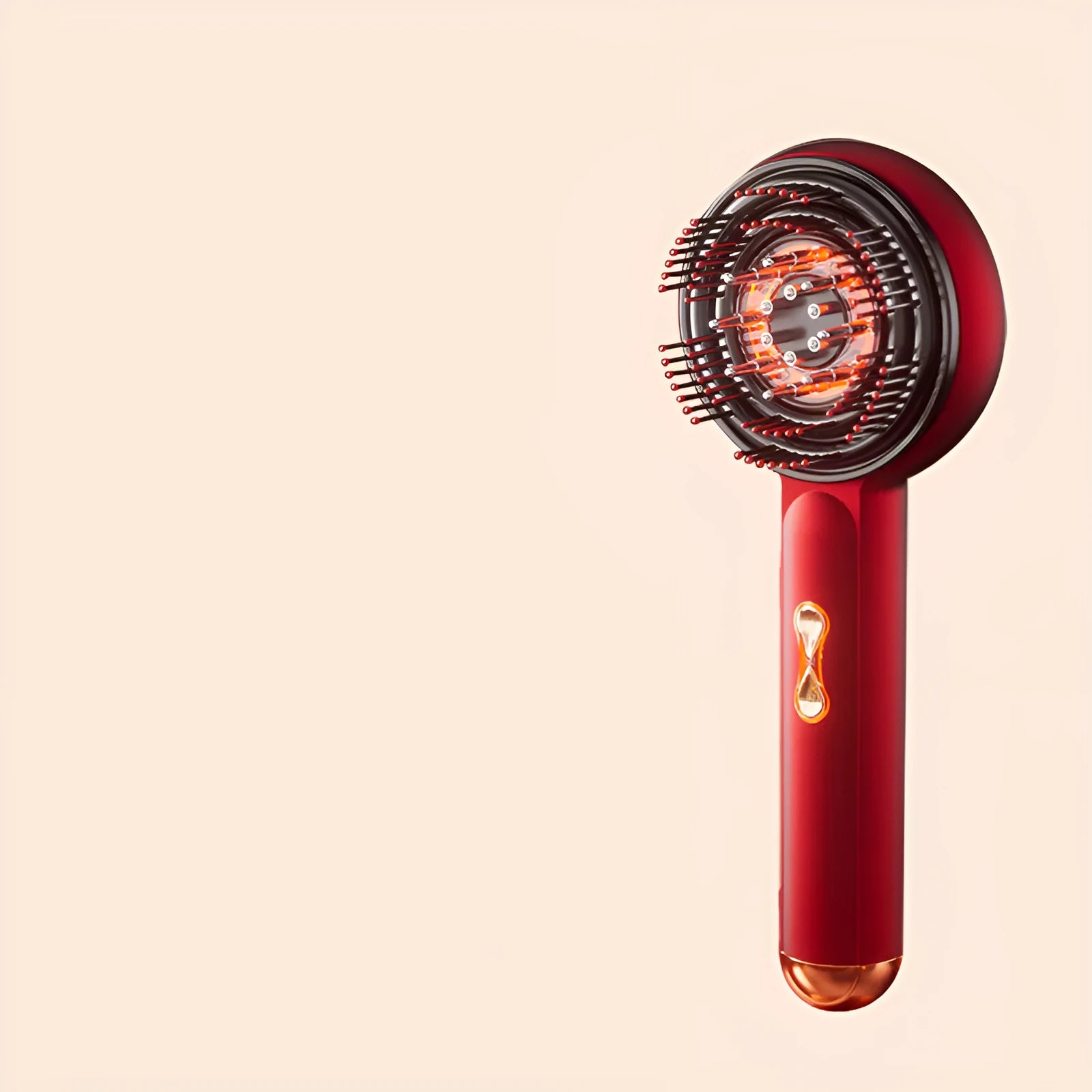 A handheld red and blue light therapy massage hair comb with a plastic body and Type-C charging port.