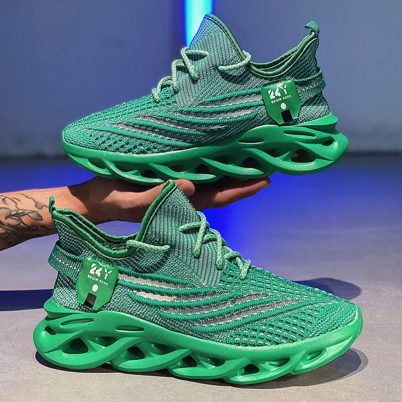 Men's flyknit breathable mesh casual sneakers low top round toe mid heel foam sole summer leisure shoes