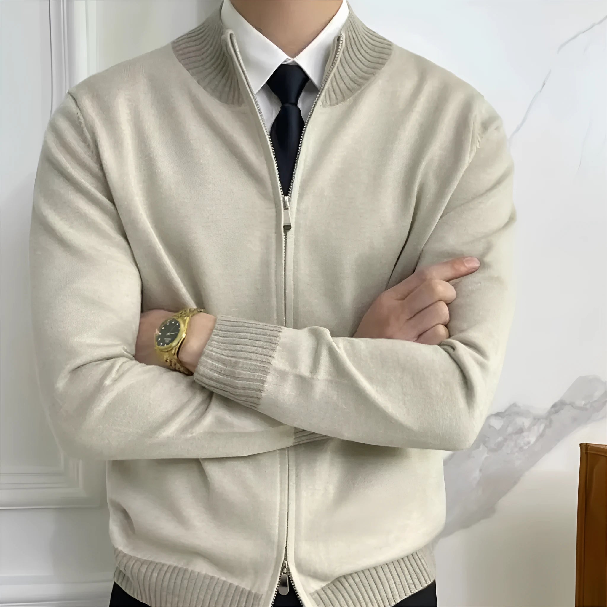 Men's loose-fit polyester knitwear coat in navy blue, long sleeves, size M to 3XL