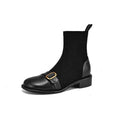 Women's black low heel Martin boots with belt buckle stitching and front lace-up design