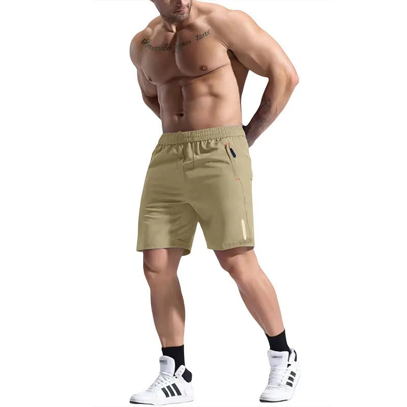 Men's bamboo fibre sports shorts in army green with an elastic high waist and drawstring closure.