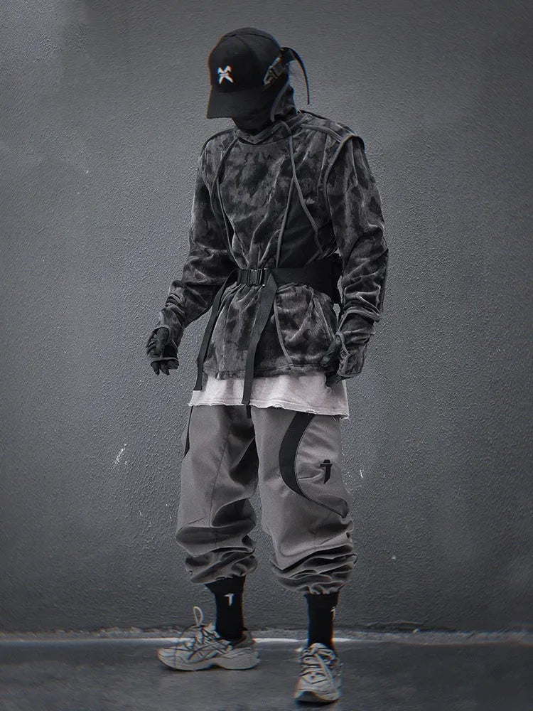 Men's black tie dye finger print turtleneck sweater with drop shoulders and loose casual fit