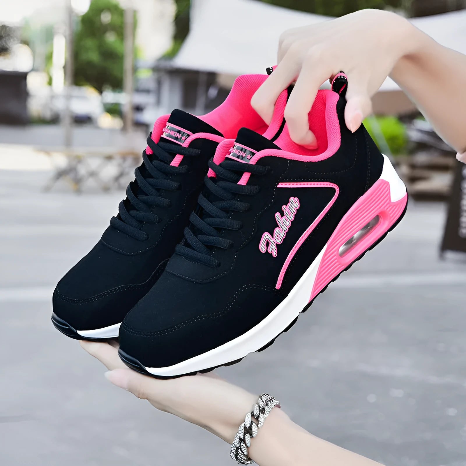 Women's spring leather plus size air cushion sports shoes in Wo 1909 black and white, low top lace up style
