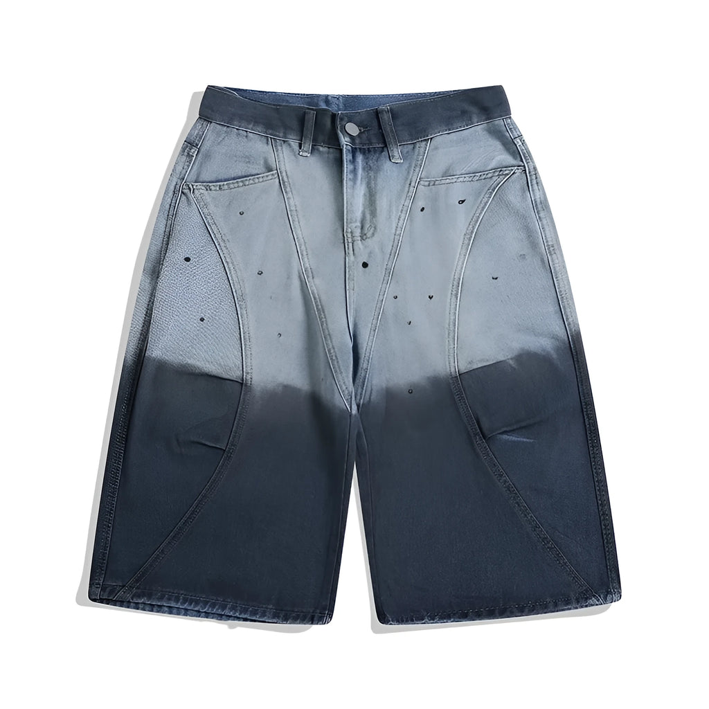 Blue tie-dye gradient cropped jeans with a loose, casual fit and washed-out finish.
