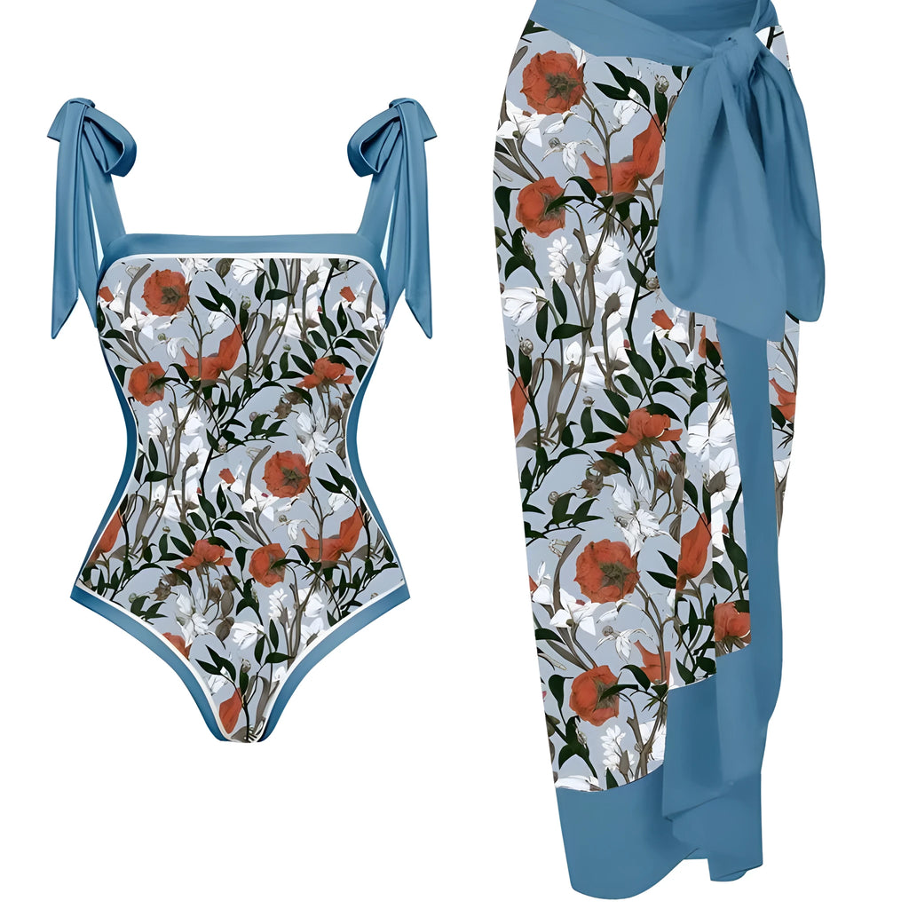Women's floral print chiffon swimsuit with matching skirt for swimming