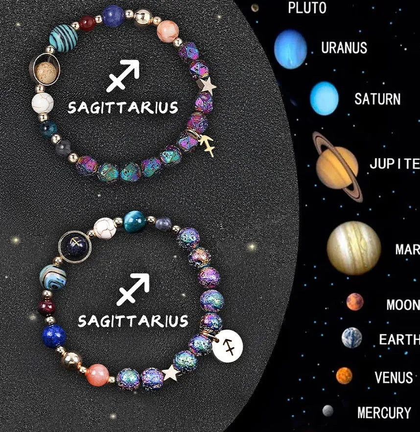 Pair of natural stone beaded bracelets with zodiac charms on an adjustable cord.
