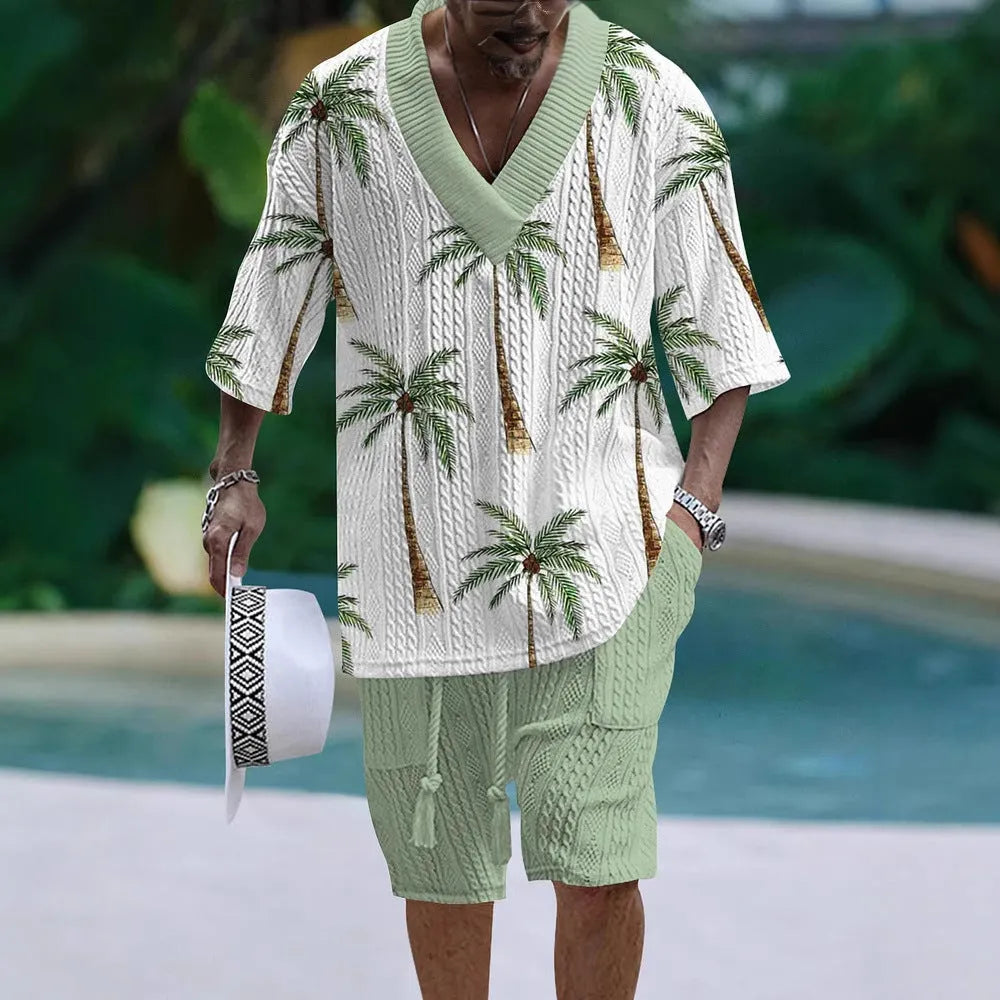 Men's loose casual short sleeve suit with matching shorts in polyester fabric