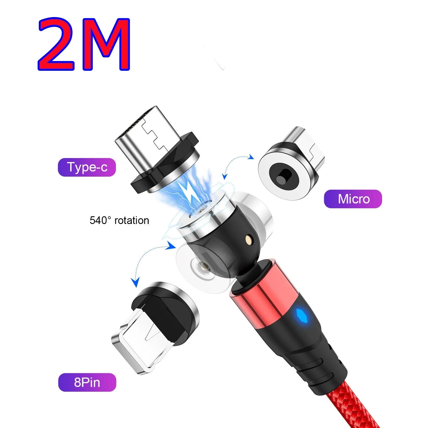 Black magnetic charging cable with LED diamond lamp, showing Android and Type-C magnetic connectors.