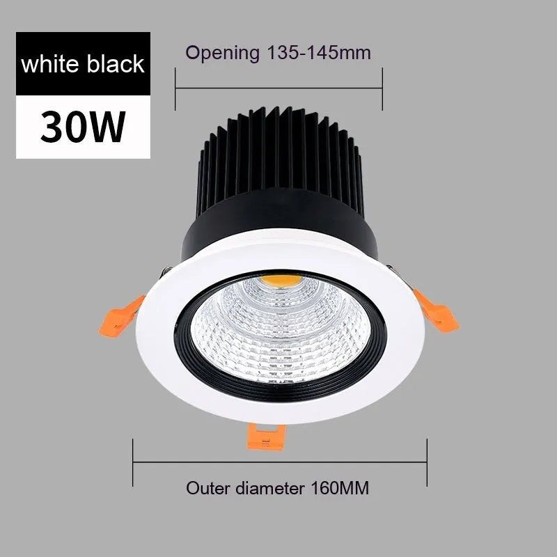 Black aluminium embedded LED ceiling spotlight with anti-glare design showing three colour temperature options