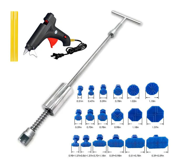 Automotive dent repair tool with metal T-shaped hammer and adhesive pullers for car bodywork