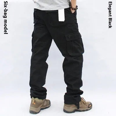 Men's multi-pocket cotton work trousers in solid colour, straight leg, mid waist, zip fly, size L to 5XL