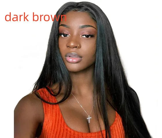 Long straight synthetic wig with centre-parted bangs in black colour