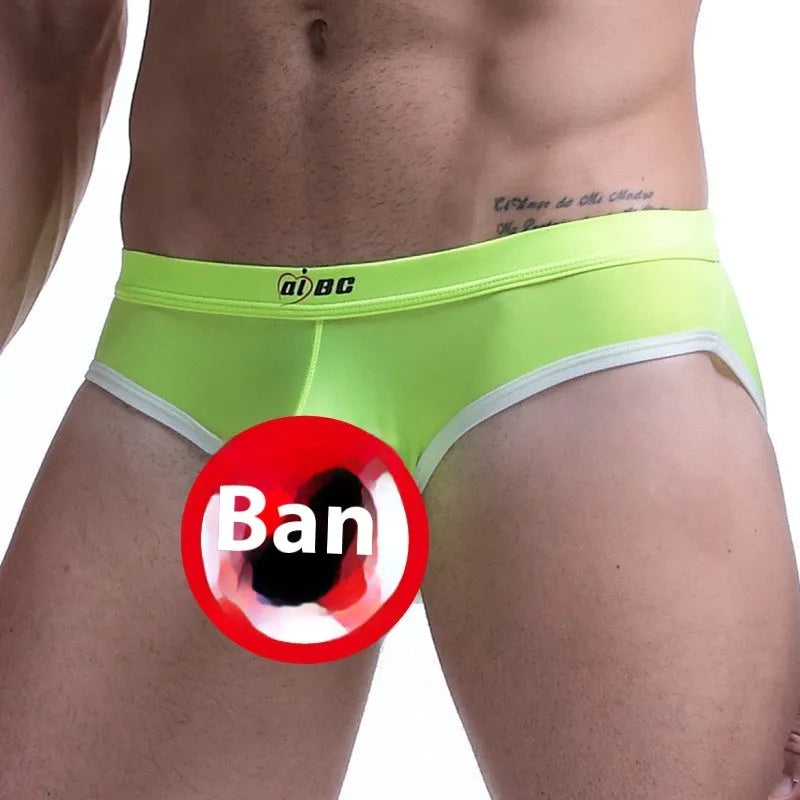Men's army green ice silk bazooka briefs showing bullet separation and mid waist design